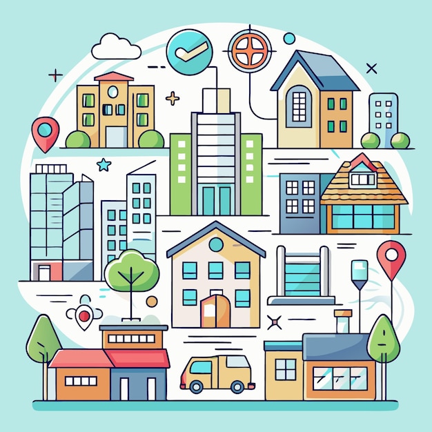 Ilustração colorida de uma cidade com casas, edifícios, árvores e um carro
