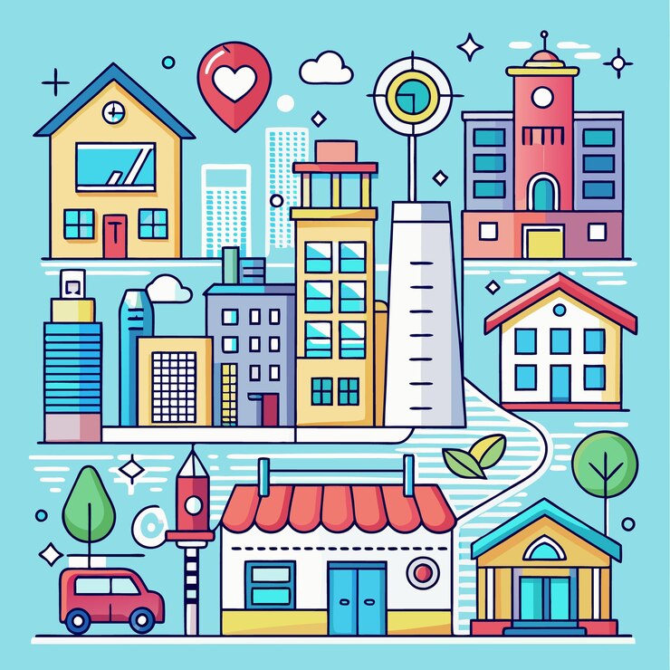 Vetor ilustração colorida de uma cidade com casas, edifícios, carros, árvores e uma loja