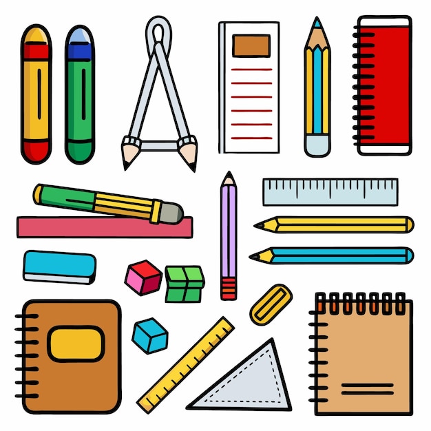 Ilustração colorida de uma variedade de materiais escolares