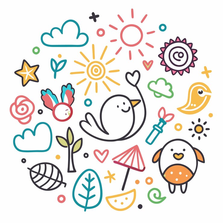 Vetor ilustração colorida desenhada à mão de um pássaro, sol, nuvens, flores e estrelas.