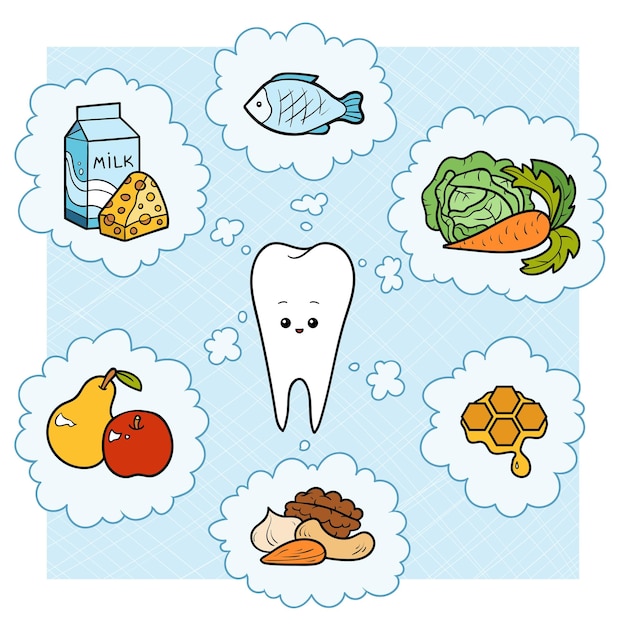 Ilustração colorida dos desenhos animados boa comida para os dentes cartaz educacional para crianças sobre saúde