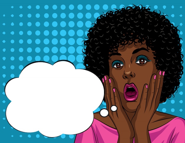 Ilustração colorida no estilo pop art do rosto de mulher afro-americana linda em emoções de choque.