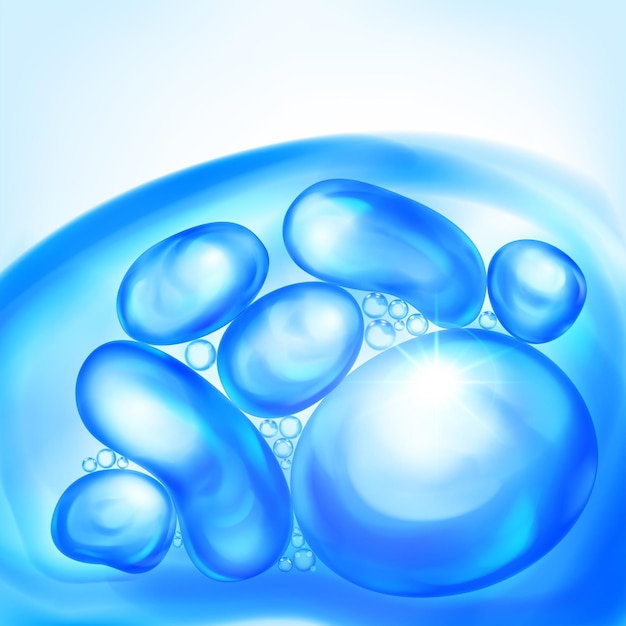 Ilustração com belas bolhas de ar realistas com brilho brilhante flutuando na água ou outro líquido na cor azul claro