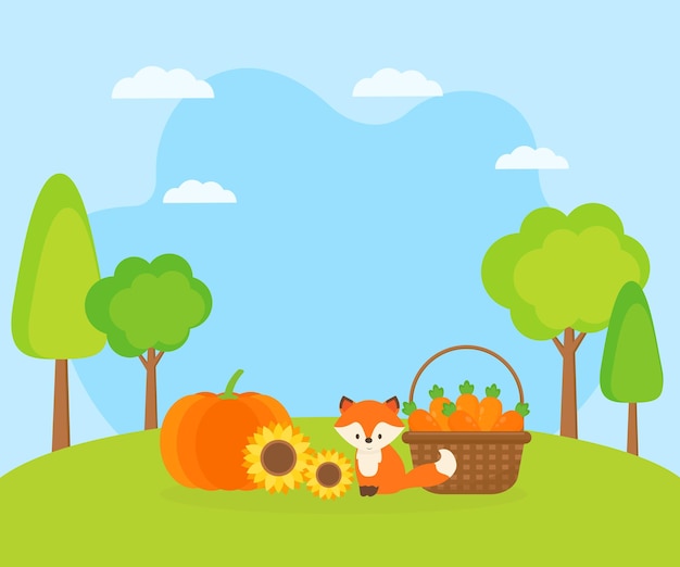 Ilustração com colheita e raposa fofa