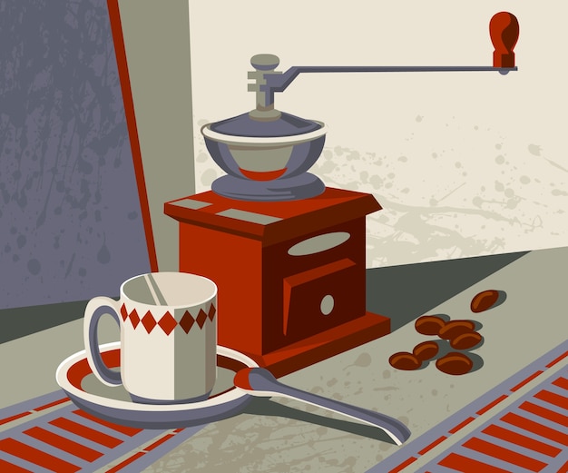 Vetor ilustração com copo de moedor de café à mão e grãos de café