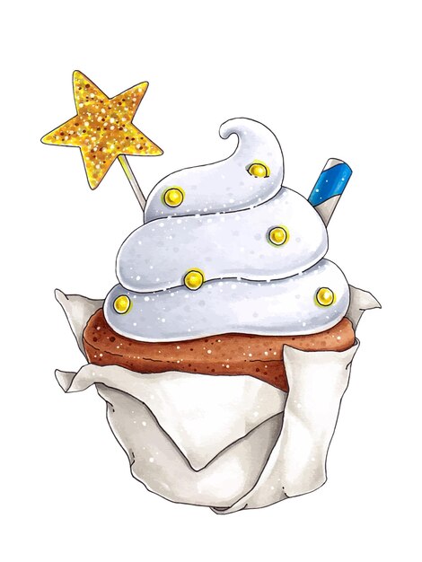 Ilustração com cupcake, biscoitos em forma de estrela e tubo de coquetel