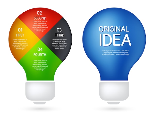 Ilustração com dois tipos de lâmpada. estilo simples de design de infográfico de ideia de negócio