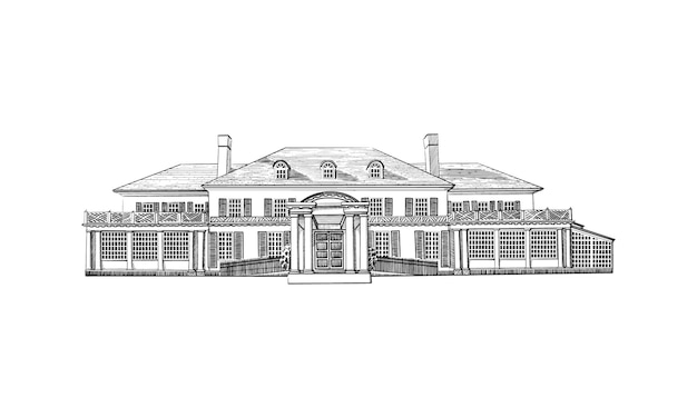 Vetor ilustração com mansão de estilo georgiano, propriedade rural. edifício histórico com revival colonial de hipped-telhado, com dormers do terceiro andar. local do casamento em preto e branco, arquitetura