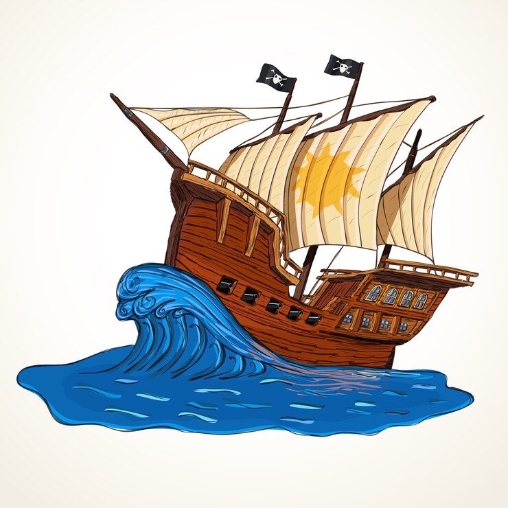 Vetor ilustração com mão desenhada navio pirata na onda. conceito de aventuras de verão.