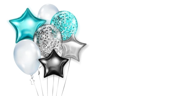 Ilustração com monte de balões brilhantes nas cores azul claro, prata e preto, redondos e em forma de estrelas, com fitas e sombras, sobre fundo branco