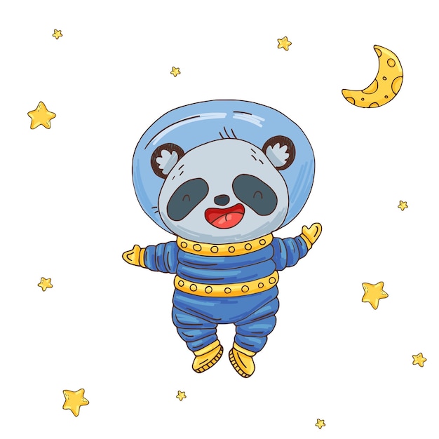 Ilustração com o astronauta de panda bonito dos desenhos animados no espaço elemento para impressão de cartão postal e ilustração vetorial de pôster