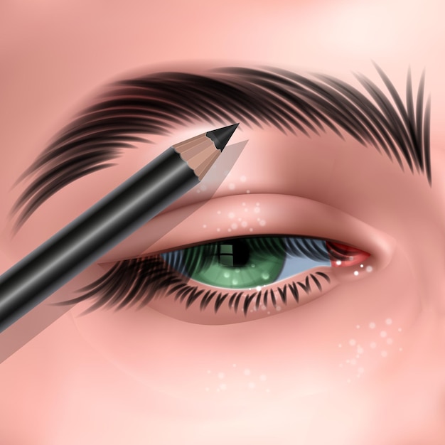 Vetor ilustração com olho feminino verde e lápis de sobrancelha maquiagem em estilo realista