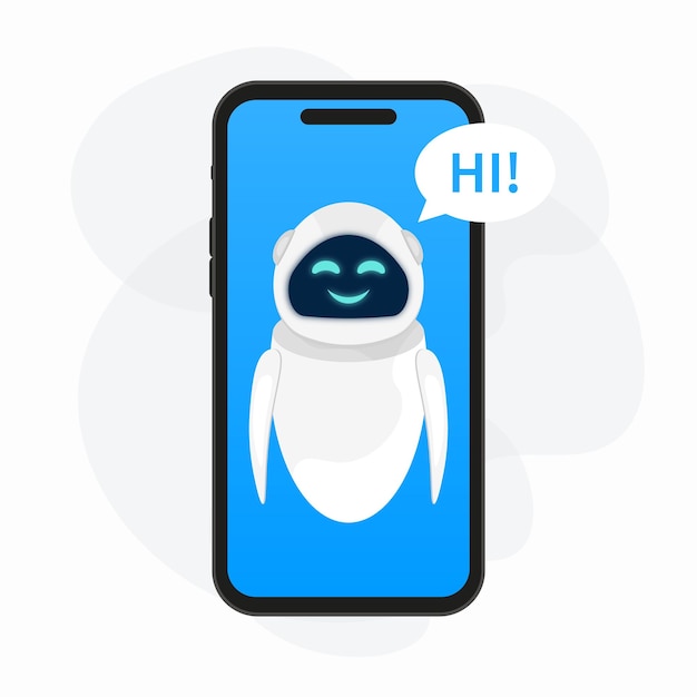 Vetor ilustração com personagem de chatbot de inteligência artificial no telefone e conversando com o personagem