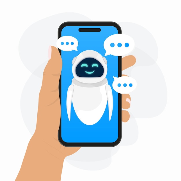 Vetor ilustração com personagem de chatbot de inteligência artificial no telefone e conversando