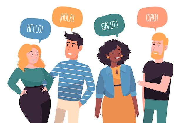 Ilustração com pessoas falando em diferentes idiomas