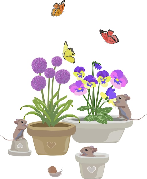 Ilustração com ratos borboletas caracol e allium flores e violetas