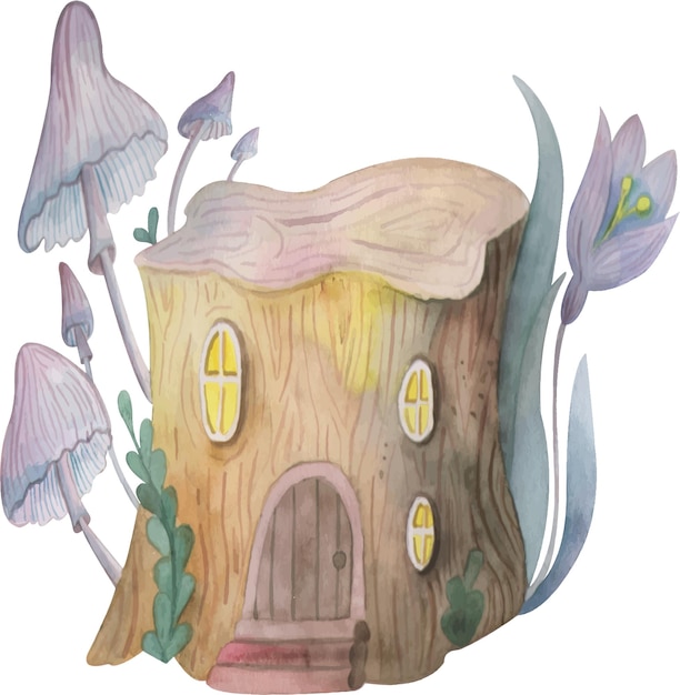 Ilustração com um coto mágico. coto com cogumelos e flores.