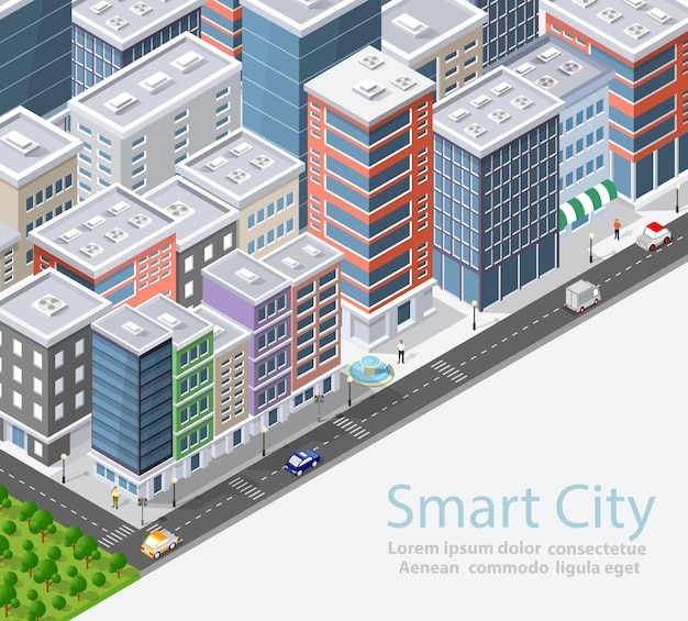 Vetor ilustração conceitual de cidade isométrica urbana inteligente casas ruas e edifícios