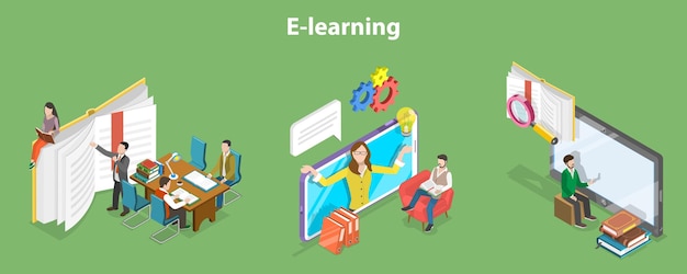 Vetor ilustração conceitual de e-learning em vetor plano isométrico 3d