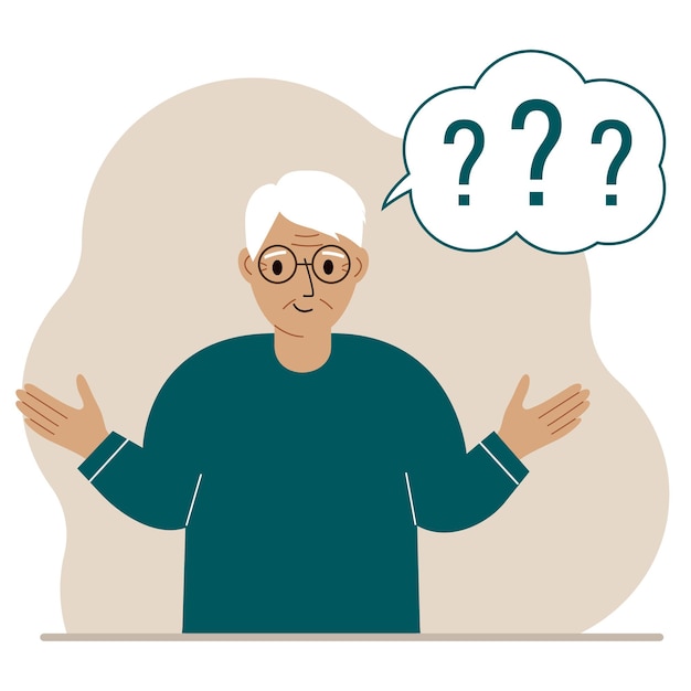 Ilustração conceitual de um avô que tem muitas perguntas e pontos de interrogação em sua mente.