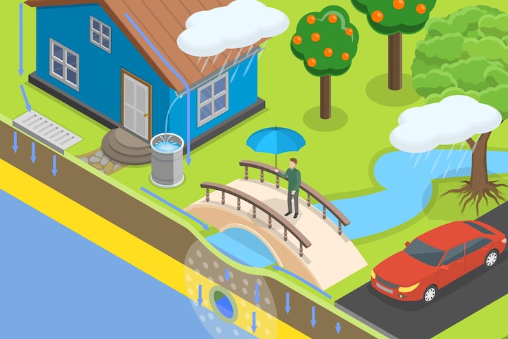 Vetor ilustração conceitual de vetor plano isométrico 3d da coleta de águas pluviais