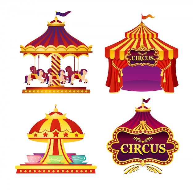 Ilustração conjunto de emblemas de circo de carnaval, ícones com tenda, carrosséis, bandeiras em fundo branco em cores brilhantes.