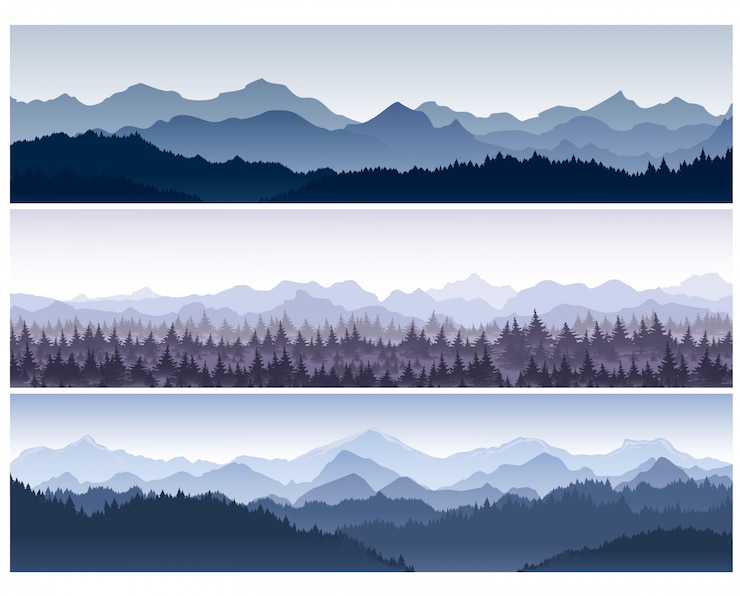 Vetor ilustração conjunto de fundos horizontais com montanhas natureza selvagem com floresta na névoa da manhã.