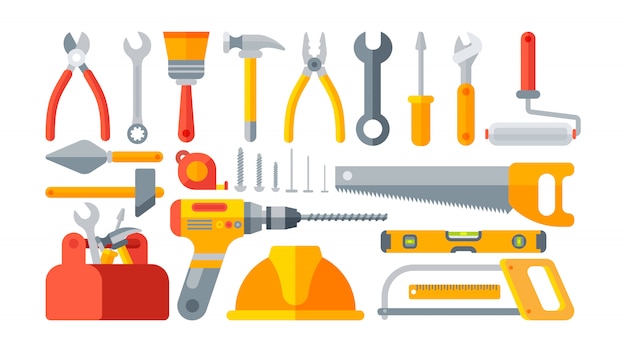 Ilustração conjunto de ícones isolados construção ferramentas de tratamento reparação, construção de edifícios