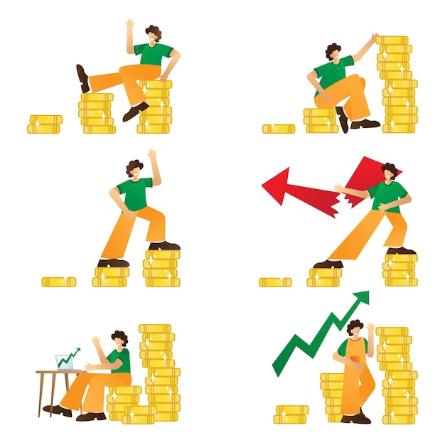 Ilustração conjunto de imagens vetoriais de crescimento financeiro para ser rico com investimento