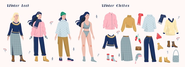 Ilustração conjunto de uma mulher e coleção de roupas quentes de inverno. coleção de moda de roupas de temporada casual para jovem. mulher vestindo um casaco, botas, lenço, chapéu para o tempo frio.