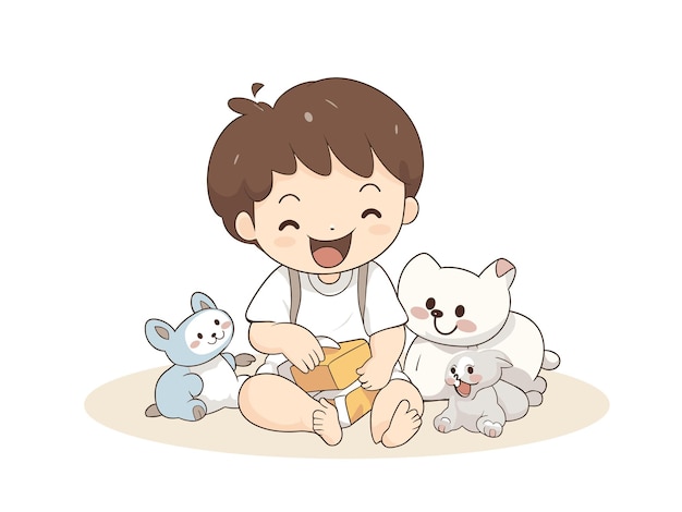 Ilustração da alegria da infância do menino brincando com o ursinho de pelúcia.