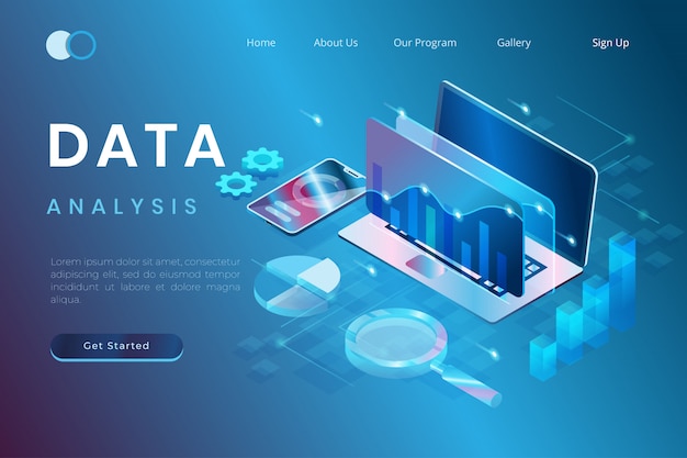 Vetor ilustração da análise de dados com o conceito de tecnologia futura em estilo 3d isométrico