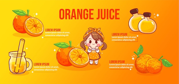 Ilustração da arte dos desenhos animados de uma garota feliz e bonita com suco de laranja