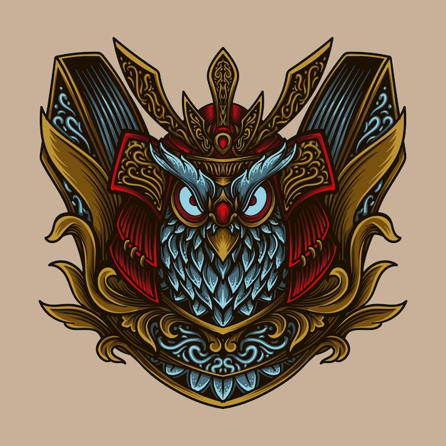 Ilustração da arte e desenho da camiseta samurai coruja gravura ornamento