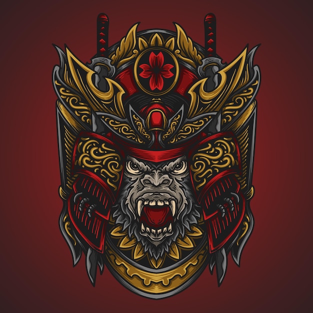 Ilustração da arte e desenho da camiseta samurai gorila gravura ornamento