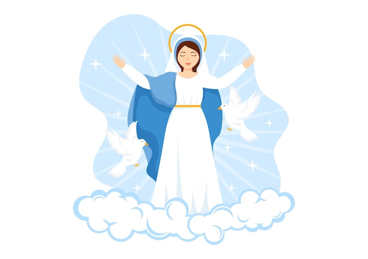 Vetor ilustração da assunção de maria com a festa da santíssima virgem e pombas no céu em desenho animado plano