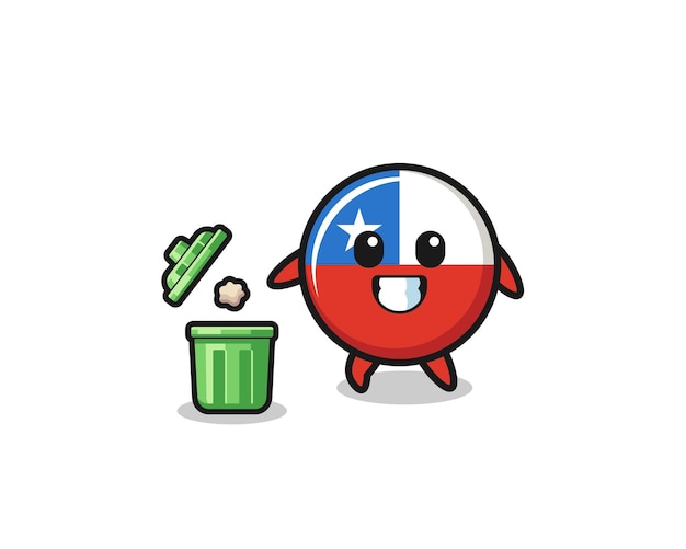 Ilustração da bandeira chile jogando lixo na lata de lixo design bonito