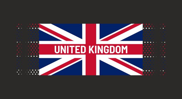 Ilustração da bandeira do reino unido com palavras reino unido em fundo preto contexto pontilhado