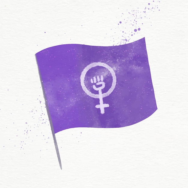 Ilustração da bandeira feminista em aquarela com punho e símbolo feminino