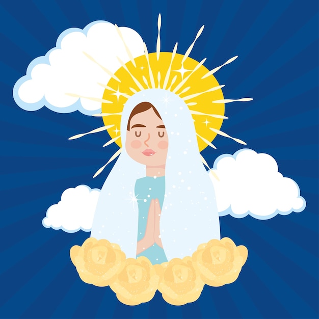 Ilustração da bem-aventurada virgem maria com rosas amarelas