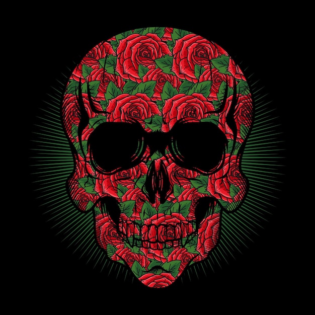 Ilustração da cabeça do crânio com textura de rosas vermelhas desenho vetorial detalhado