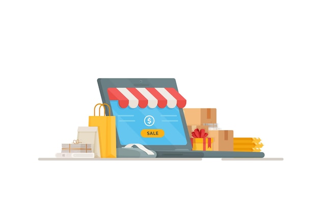 ilustração da caixa registradora. Compras em uma loja. Compras e pagamento. Vendas online nas lojas.