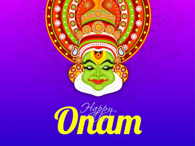 Ilustração da cara do dançarino de kathakali no fundo floral roxo para o projeto de cartão feliz da celebração de onam.