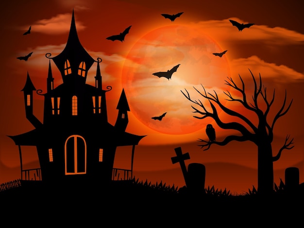 Ilustração da celebração da noite de Halloween com vetor de castelo assombrado e Feliz Dia das Bruxas