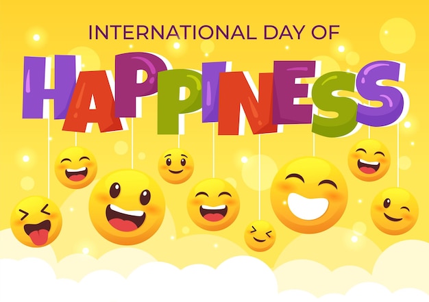 Ilustração da celebração do Dia Mundial da Felicidade com expressão de rosto sorridente e fundo amarelo