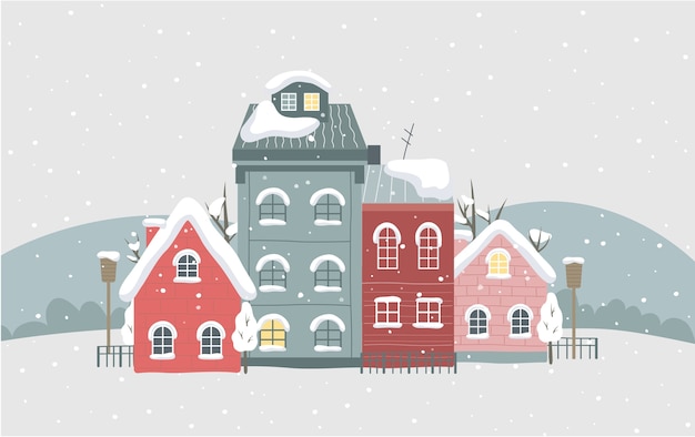 Ilustração da cidade de inverno. belas casas com neve no telhado. ar gelado. decoração do cartão de natal. ilustração vetorial