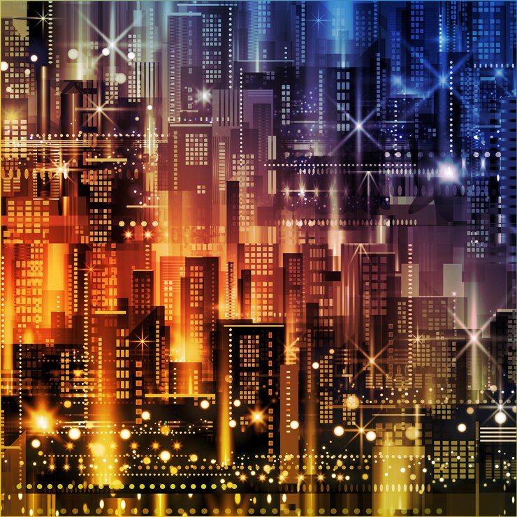 Vetor ilustração da cidade noturna com brilho de néon e cores vivas ilustração com arquitetura arranha-céus megapolis edifícios no centro da cidade