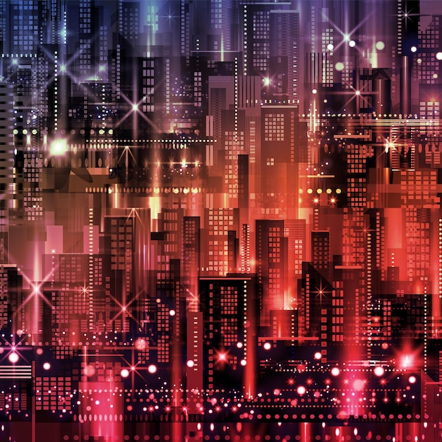 Ilustração da cidade noturna com brilho de néon e cores vivas Ilustração com arquitetura arranha-céus megapolis edifícios no centro da cidade