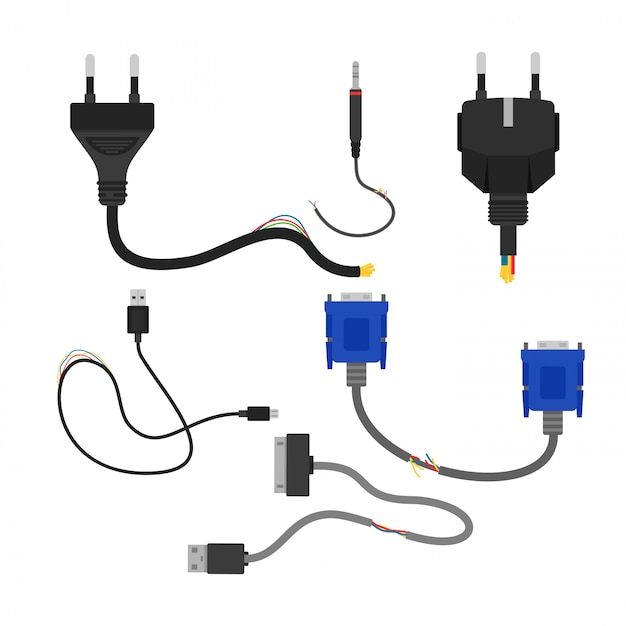 Ilustração da coleção de cabos elétricos quebrados danificados em fundo branco. corte de cabo, vga e usb