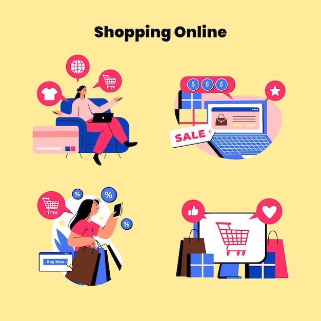 Ilustração da coleção de compras on-line plana